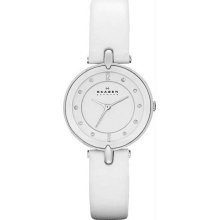 Women's Stainless Steel Case White Leather Bracelet White Tone Dial