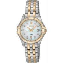 Women's Two Tone Stainless Steel Quartz Mother of Pearl Dial Crystal Hour Marker