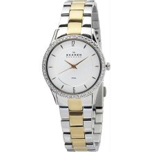 Women's Two Tone Stainless Steel Dress White Tone Dial Crystal Bezel