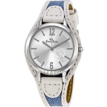 Zou Zou Silver Flower Dial Faux White Leather Strap Ladies Watch