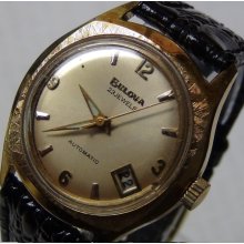 1969 Bulova Men's 10K Gold 23Jwl Automatic Fany Bezel Calendar Watch w/ Strap