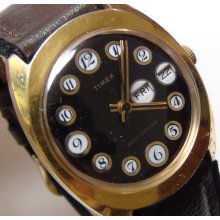 1976 Timex Telephone Dial Men's Gold Dual Calendar Watch w/ Strap