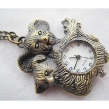 1pc antiqued bronze bears pocket watch clock charms--moving--battery included(no chains)