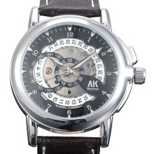 Ak-homme Brand White & Black Dial Black Leather Band Mens Mechanical Wrist Watch