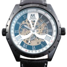 Ak-homme Mens Black Leather Roman Number Automatic Mechanical Watch Akf209