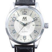 â˜… Ak-homme â˜… Mens Silver Dial Black Leather Silver Face12/24h Quartz Wrist Watch