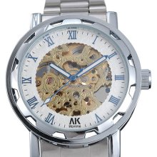 Ak-homme Mens Skeleton Stainless Steel Roman Numbers Automatic Mechanical Watch