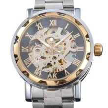 Ak-homme Mens Stainless Steel Golden Skeleton Automatic Mechanical Watch Ak247