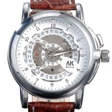 Ak-homme White Dial Brown Strap Mens Automatic Mechanical Wrist Watch + Gift Box