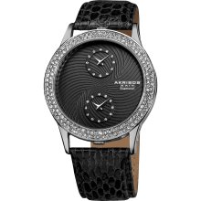 Akribos XXIV Women's Diamond Dual Time Swiss Quartz Leather Strap Watch (Black)