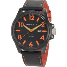 Android Men Black & Orange Quartz Movement Watch Case Steel Leather Strap