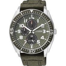 AP4011-01W - Citizen Eco-Drive Military Green Multi Dial 100m Canvas Watch