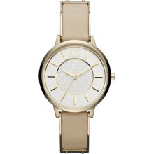 Armani Exchange AX Beige Ladies Gold-Tone Stainless Steel and Beige Leather Three-Hand Watch