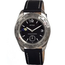 Atop Mens Wws World Timer Aluminum Watch - Black Leather Strap - Black Dial - ATOWWS-1A