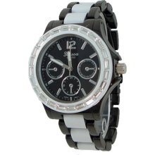 Black & White Metal Watch w/ Clear Baguette Stones & Chronograph Look - Black - Gun Metal - 3