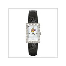 Black leather los angeles lakers watch with cz frame