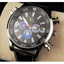 Black Leather Man Watch V6 Luxury Quartz Watch New Style Big Dial Wr