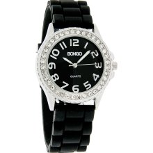 Bongo Crystal Ladies Black Dial Black Rubber Band Quartz Watch BG9009