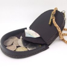 Brass Pocket Watch Double Albert Chain with Black Leather Coin Tray Purse