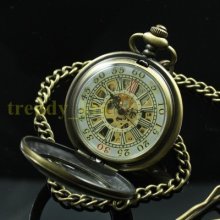 Brass See Thru Case Cover Unique Dial Hand Winding Mechanical Pocket Watch Gifts