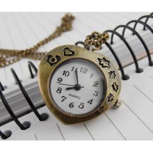 Bronze Heart Carving Pocket Watch Necklace Charm Gift Necklaces Watches Jewelry