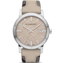 Bu9021 Burberry City Men Women Watch 38mm Tan Leather Smoked Check Date Sapphire