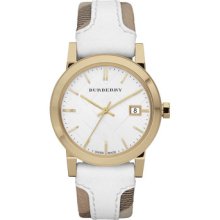 Bu9110 Burberry Women Watch 34mm Nova Check White Leather Date Gold Plated