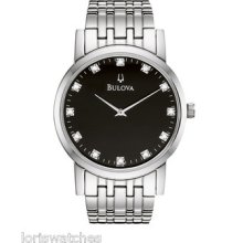 Bulova 96d106 Mens Stainless Steel Quartz Watch With Black Dial And Diamonds