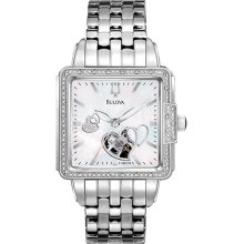 Bulova Ladies Heart Skeleton Display Automatic Mother of Pearl Dial Diamond Accents 96R155