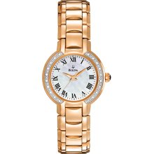 Bulova Ladies Stainless Steel Rose Gold Tone Mother of Pearl Diamond Dress Watch 98R156