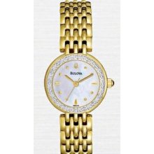 Bulova Ladies` Stainless Steel Gold-tone Mother-of-pearl & Diamond Watch