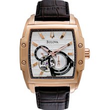 Bulova Mens BVA Dual Time Stainless Watch - Brown Leather Strap - White Dial - 97A103