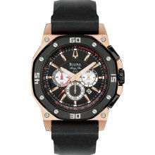 Bulova Men's Rose Gold Tone Stainless Steel Marine Star Quartz Black Dial Bezel Strap 98B118