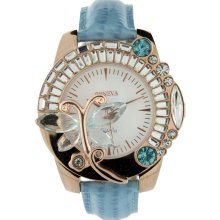 Butterfly Adorned Watch with Rhinestones & Snake Skin Strap-Aqua/Gold