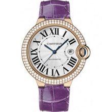 Cartier Ballon Bleu Alligator Strap Rose Gold Mens Diamond Watch Silver Face WE900851