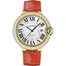 Cartier Ballon Bleu Alligator Strap Yellow Gold Mens Diamond Watch Silver Face WE900751