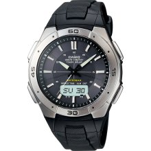 Casio Mens Calendar Day/Date Atomic Watch w/Round Black Dial & Black Resin Band