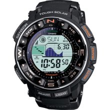 Casio Men's Calendar Day/Date Solar Power Chronograph Watch w/Round Black Case, Digital Dial and Black Band