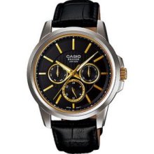 Casio Men's Core BEM307BL-1A1V Black Leather Quartz Watch with Black Dial