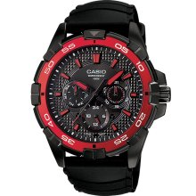 Casio Mens Diver Style Calendar Day/Date Watch w/Red/Black Case, Multi-Display Dial and Black Band