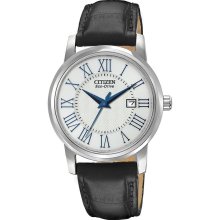 Citizen Eco-drive Black Leather Silver Tone Ladies Watch Ew1568-04a