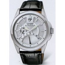 Citizen Eco Drive Men`s Silver Dual Time Watch With Black Leather Strap