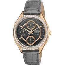 Citizen Ladies Drive Rose Gold Tone Stainless Steel Case Leather Bracelet Gray Dial Swarovski Crystals FD1063-06H