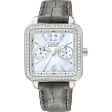 Citizen Ladies Eco-Drive Silhouette Mother Of Pearl Dial Swarovski Crystal Bezel Gray Leather Strap FD1050-08D