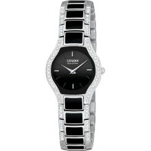 Citizen Ladies Stainless Steel Eco-Drive Dress Black Dial with Swarovski Crystals Normandie Gift Set EW9870-64E