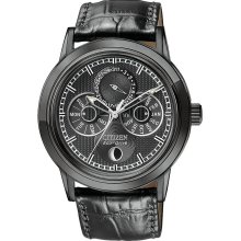 Citizen Mens Eco-Drive Moon Phase Stainless Watch - Black Leather Strap - Black Dial - BU0035-06E