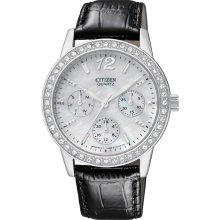 Citizen Quartz Womens Oversized Crystal Chronograph Stainless Watch - Black Leather Strap - Pearl Dial - ED8090-11D
