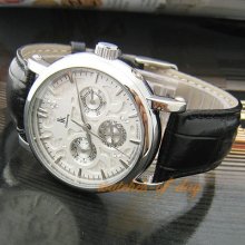 Classic Charm Leather Automatic Mechanical White Black Dial Mens Watch