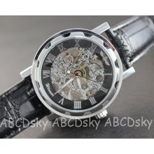 Classic Steampunk Automatic Mechanical Wrist Watch ,Silver Plated Mechanical Wrist Watch with Black Leather Wristband