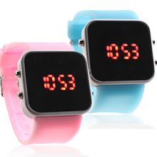 Couple Silicone Band Jelly Style Sport Square Mirror LED Wrist Watch - Light Blue & Pink